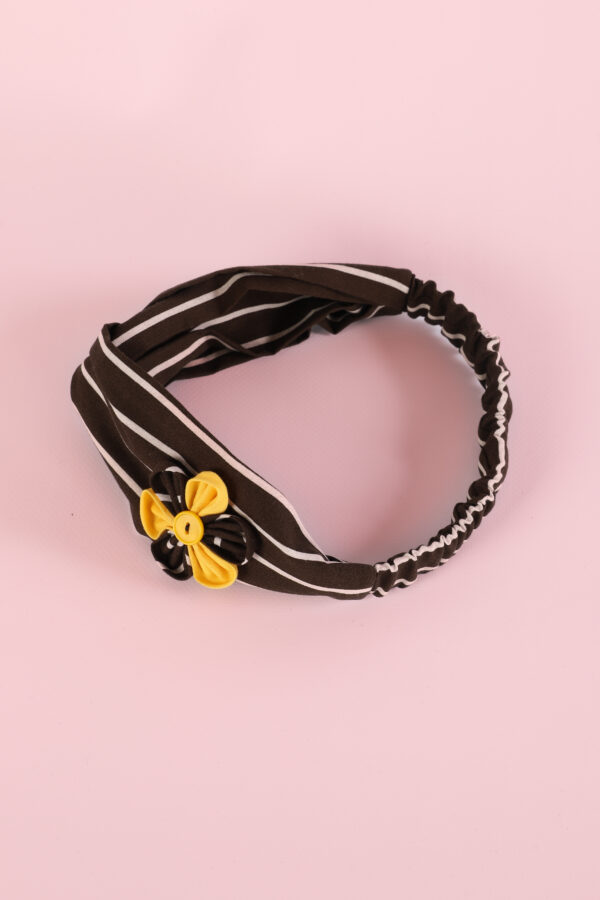 Haarband handgemaakt voor volwassene, kind, dames, meisjes. Bruin met witte strepen met geel/bruine bloem accessoire. Katoen. Haaraccessoire